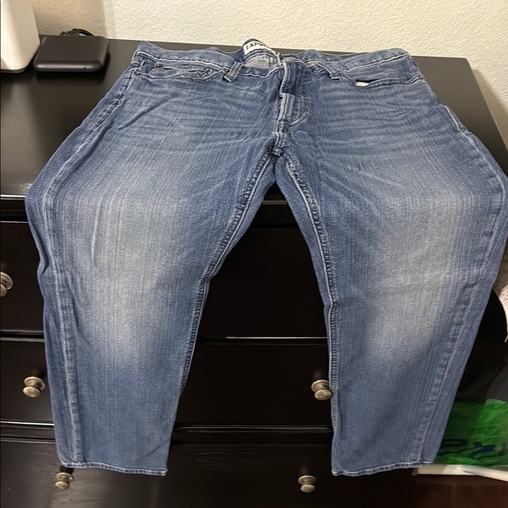 Express Blue Relaxed Fit Jeans with Distressed Look